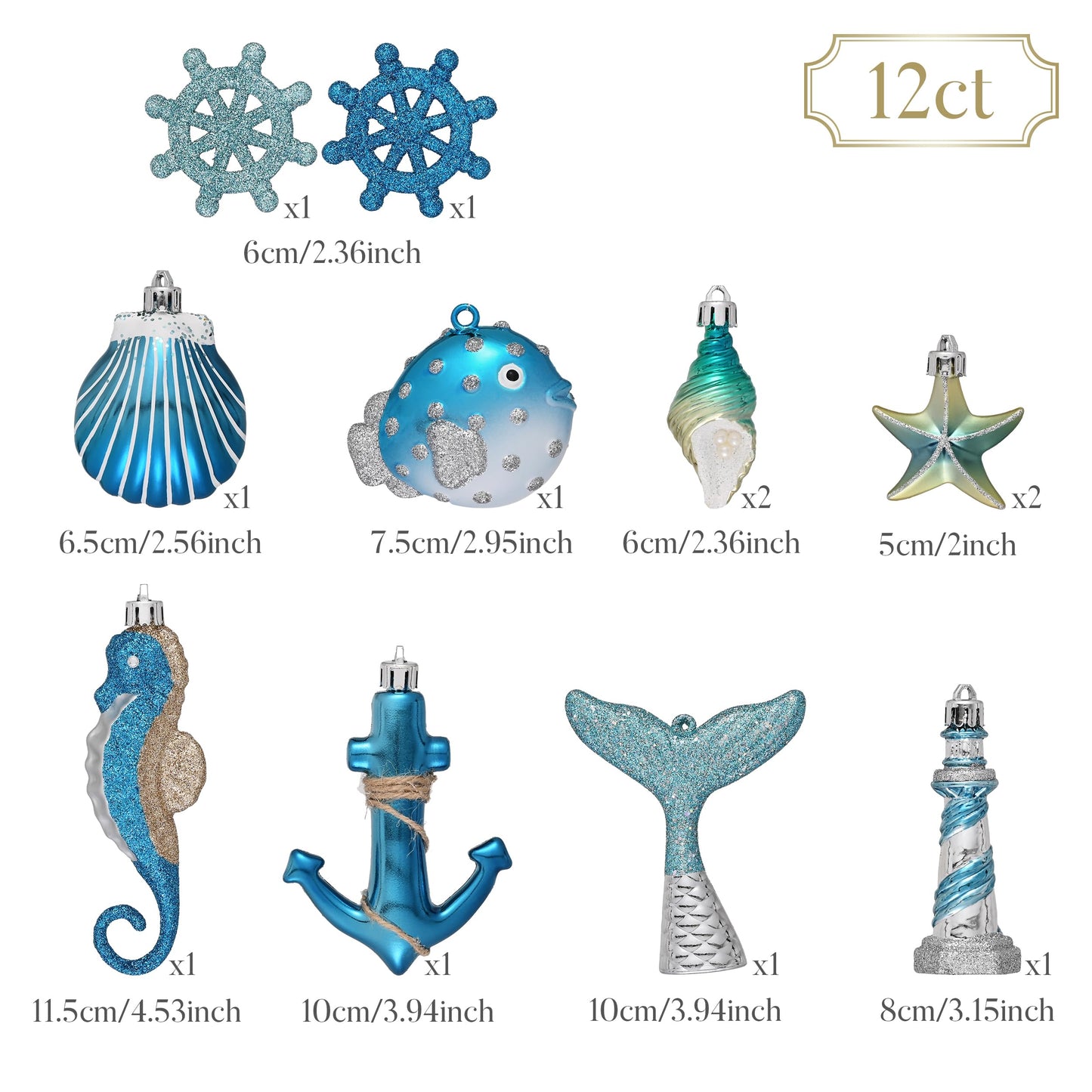 Valery Madelyn Summer Ornaments Tree Decorations Set, 12ct Light Blue and Silver Shatterproof Summer Balls Bulk, Summer Beach Coastal Ocean Nautical Marine Hanging Seafair Xmas Holiday Decor