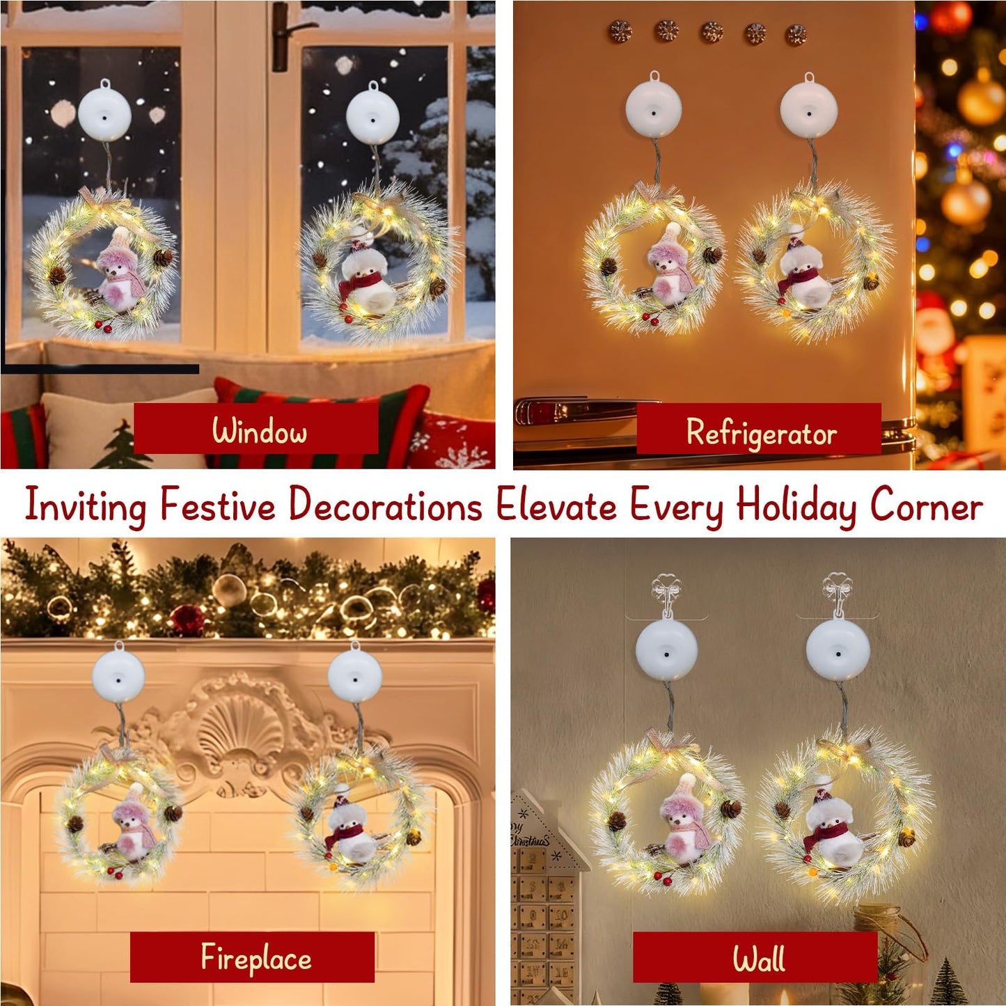 suddus 2 Pack Christmas Window Lights with Suction Cup- Battery Operated Wreath String Lights Indoor with Timer, Christmas Decorations for Home, Window, Door, Wall,Staircase,Gift,Tree Indoor