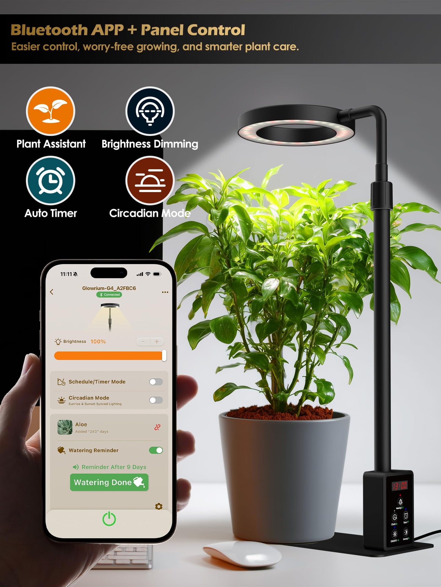 Smart Grow Lights for Indoor Plants, Plant Light with Auto-Timer, Full Spectrum LED Grow Light, Adjustable Height & Stepless Dimming,Plant Assistant Suitable for Most Plants (Black(Desktop2))