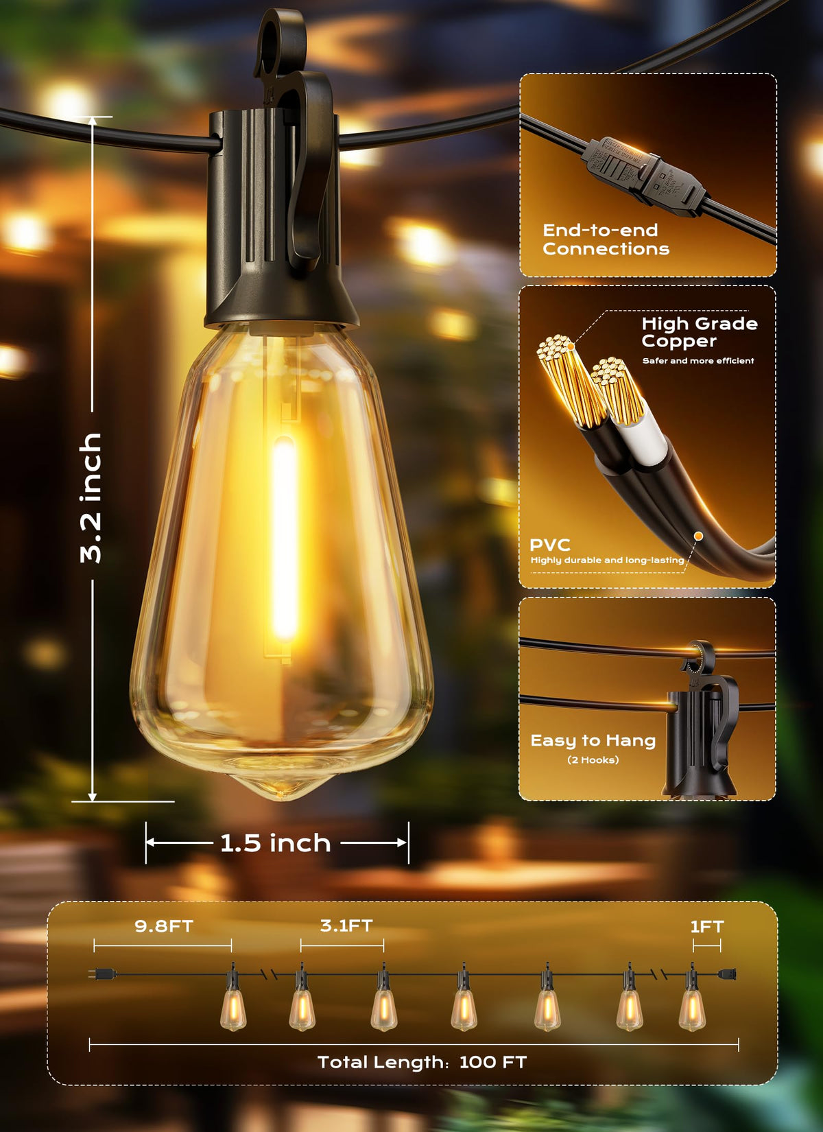 Brightown Outdoor String Lights Patio Lights, 100FT ST38 Shatterproof Dimmable Waterproof Connectable LED Christmas Lights, Hanging Outside Light for Backyard, Porch, Deck, Balcony, Garden, Home Decor