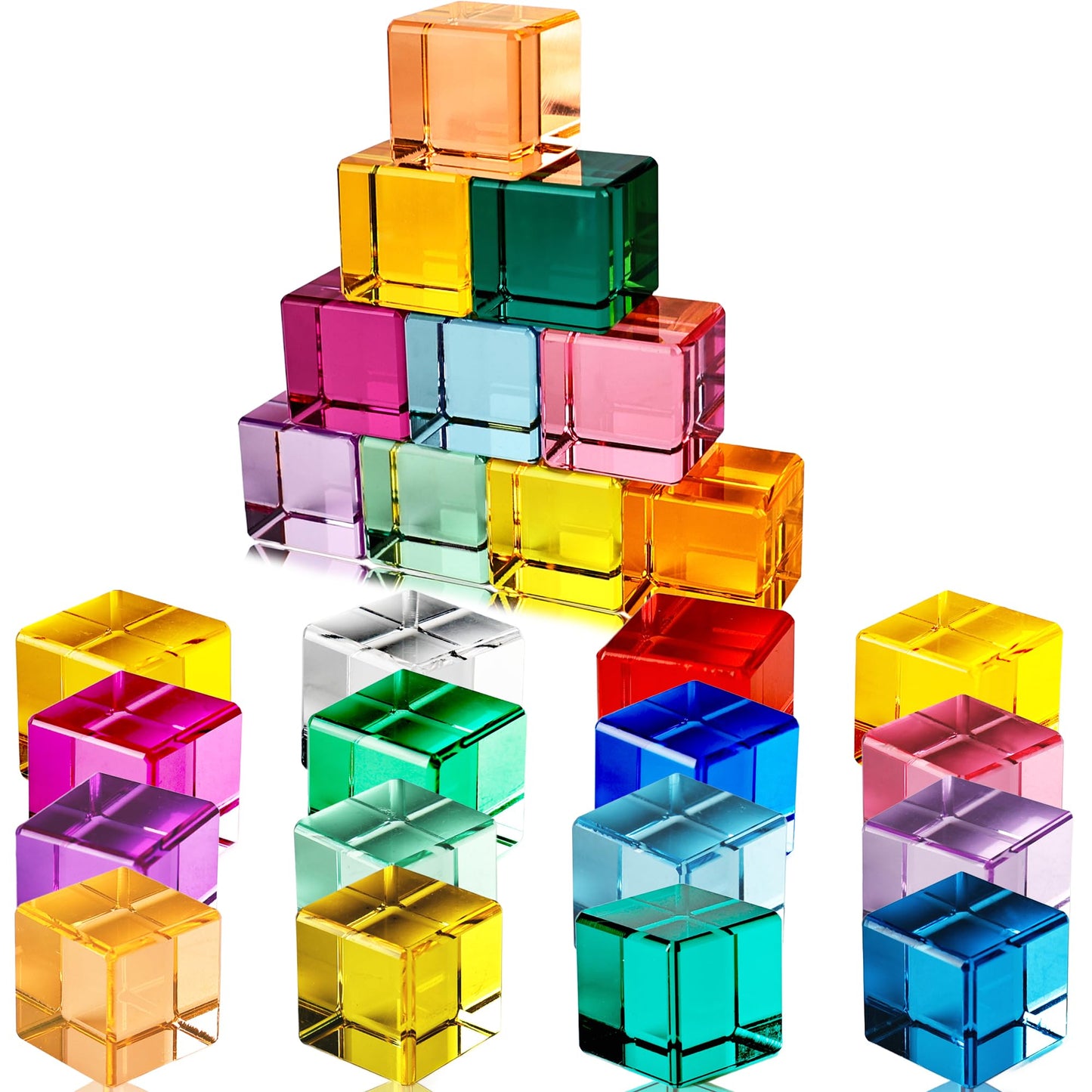 Medanera 24 Pcs Rainbow Blocks Cubes Acrylic Crystal Stacking Gem Cubes Toys Building Blocks Light Shadow Educational Sensory Training for Students Learning Boys Girls Play