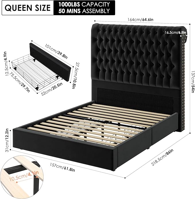 Queen Size Bed Frame 54" Tall Headboard