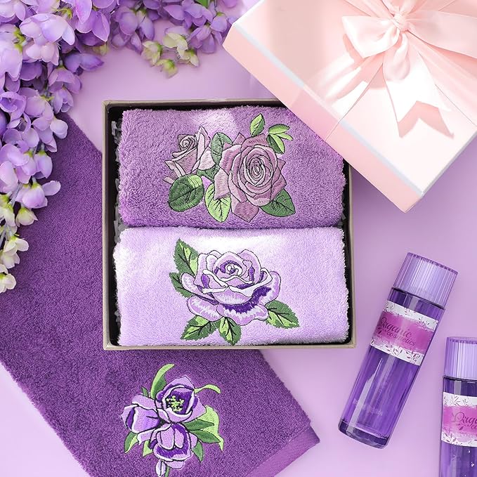 3 Pcs Purple Rose Hand Towels Lavender Purple Bathroom Decor Embroidered Floral
