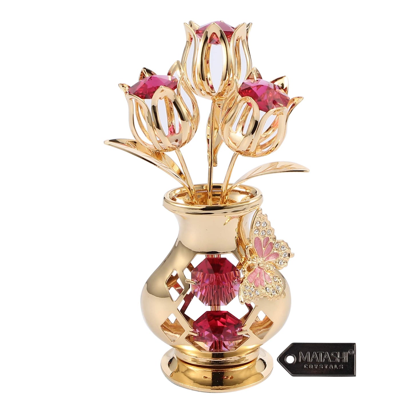 Matashi Crystal Studded 24K Gold Plated Tulip Bouquet in Butterfly Vase – Unique Crystal Flower Figurine for Women, Anniversary, Birthday, and Home Decor Centerpiece