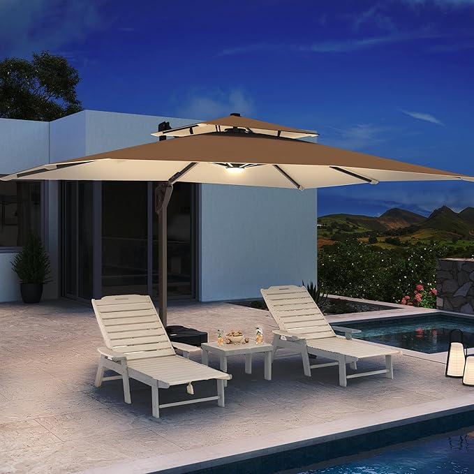 10 X 13 FT Cantilever Patio Umbrella with LED Lights Outdoor Heavy Duty Double Top Windproof Rectangle Offset Umbrellas with 360-degree Rotation for Pool Deck Backyard, Beige