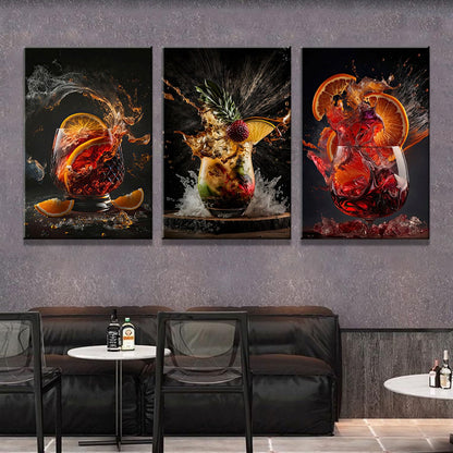 3-Piece Framed Canvas Wall Art Wrapped Canvas Cocktail Drink Posters High-Definition Bar Art Prints, Modern Alcohol Beverage Artwork Liquor Splash Photography Pictures, Unique Bartender Decor for Home Kitchen, Lounge and Bar12X16inch