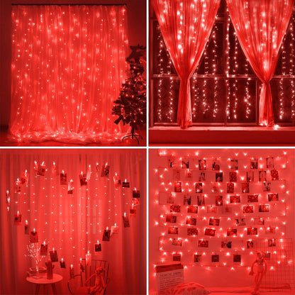 SUNNEST LED Curtain Lights Christmas, 300 LEDs 9.8FT x 9.8FT USB Curtain String Light with 8 Lighting Modes Wall Lights with Remote Control, Twinkle Light for Bedroom Decoration (Red)