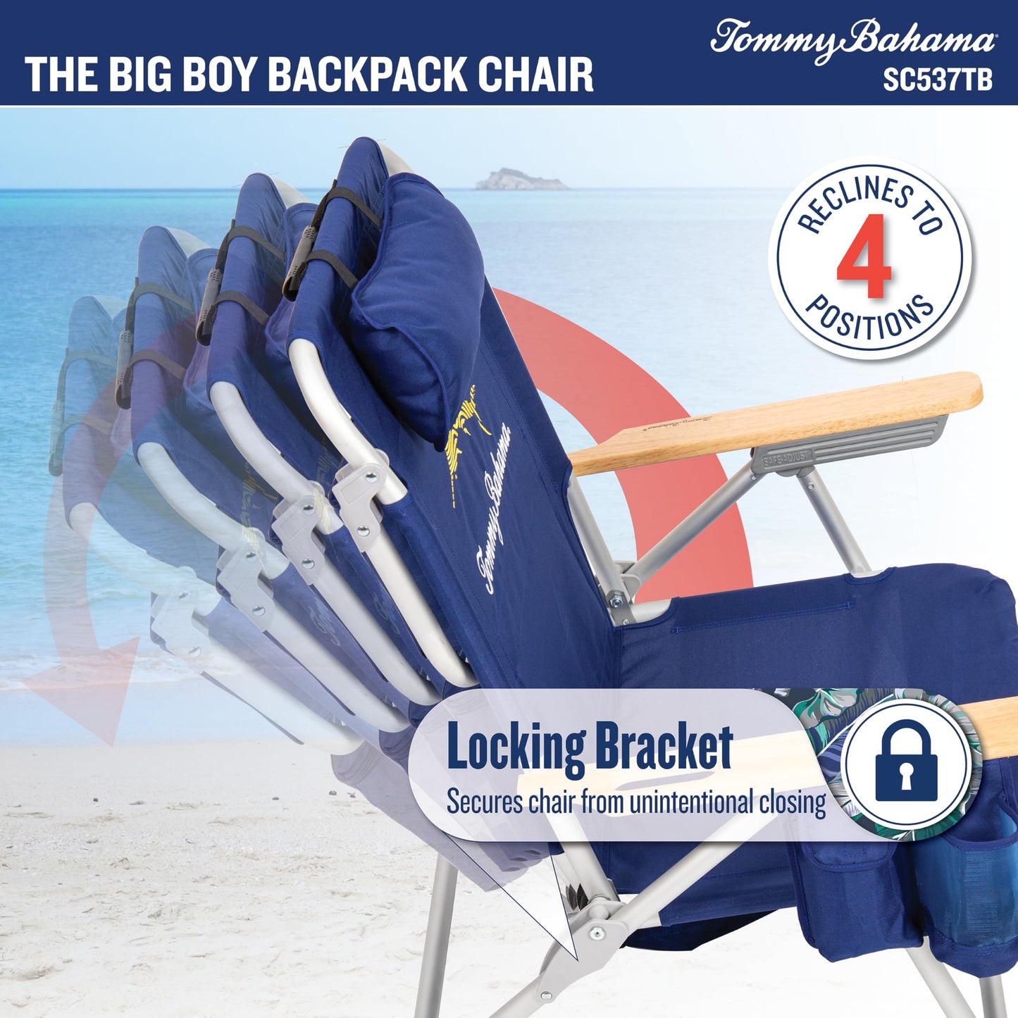 Tommy Bahama Big Boy 4-Position Folding 13" High Seat Backpack Beach or Camping Chair, Aluminum, Navy