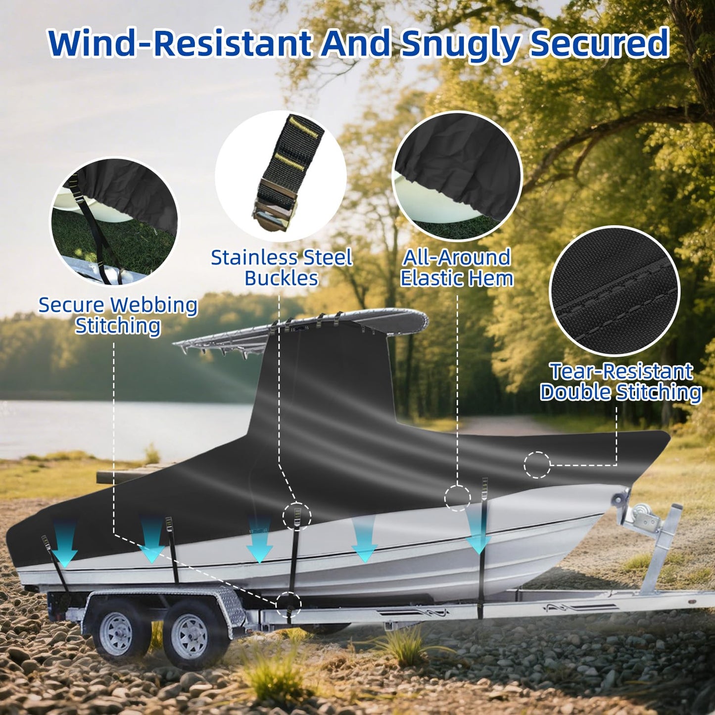 Marine Grade Waterproof Center Console Boat Cover with T Top Roof, Tear Resistant Trailerable Storage Covers, All-Weather Protection T-Top Boat Cover 26-28 ft, Beam Width Up to 116", Black