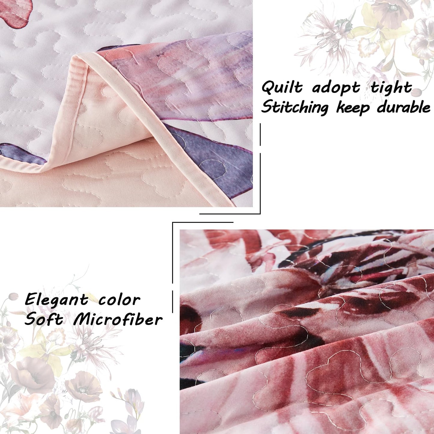 Yogeneg King Size Quilt Set, Elegant Floral Botanical Pattern Pink Bedding Set,3 Piece Lightweight Soft Summer Bedspread Coverlet with 2 PIillow Sham for All Season(Blush Floral,110"x96")