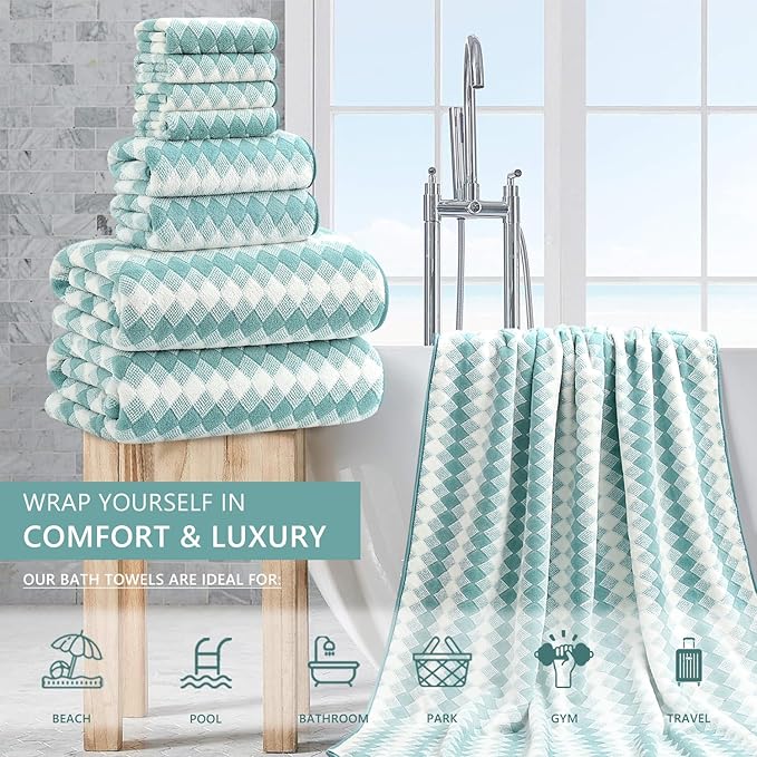 8 Piece Bathroom Towel Set Aqua |2 Oversized Large Bath Towels Sheet, 2 Hand