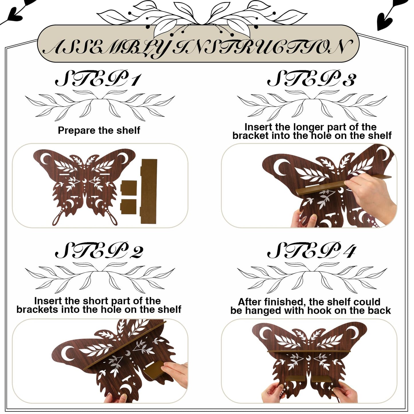 Kigley 3 Pcs Luna Moth Crystal Shelf Display Boho Wood Wall Floating Shelves Butterfly Heart Crystal Shelf Moon Decor for Gem Stone Essential Oil Storage Witchy Home Rustic Decor (Butterfly)