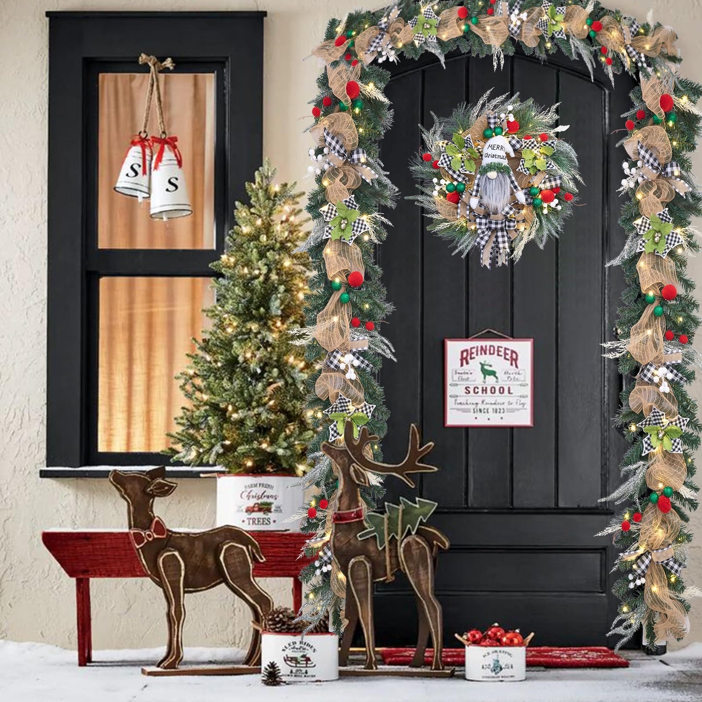 6 feet prelit Christmas Garland,Black and White Buffalo Plaid Christmas Decor with 30 LED Lights, Lighted Buffalo Plaid Decoration for Mantel,Stairs,and Front Door,Xmas Farmhouse Decor.