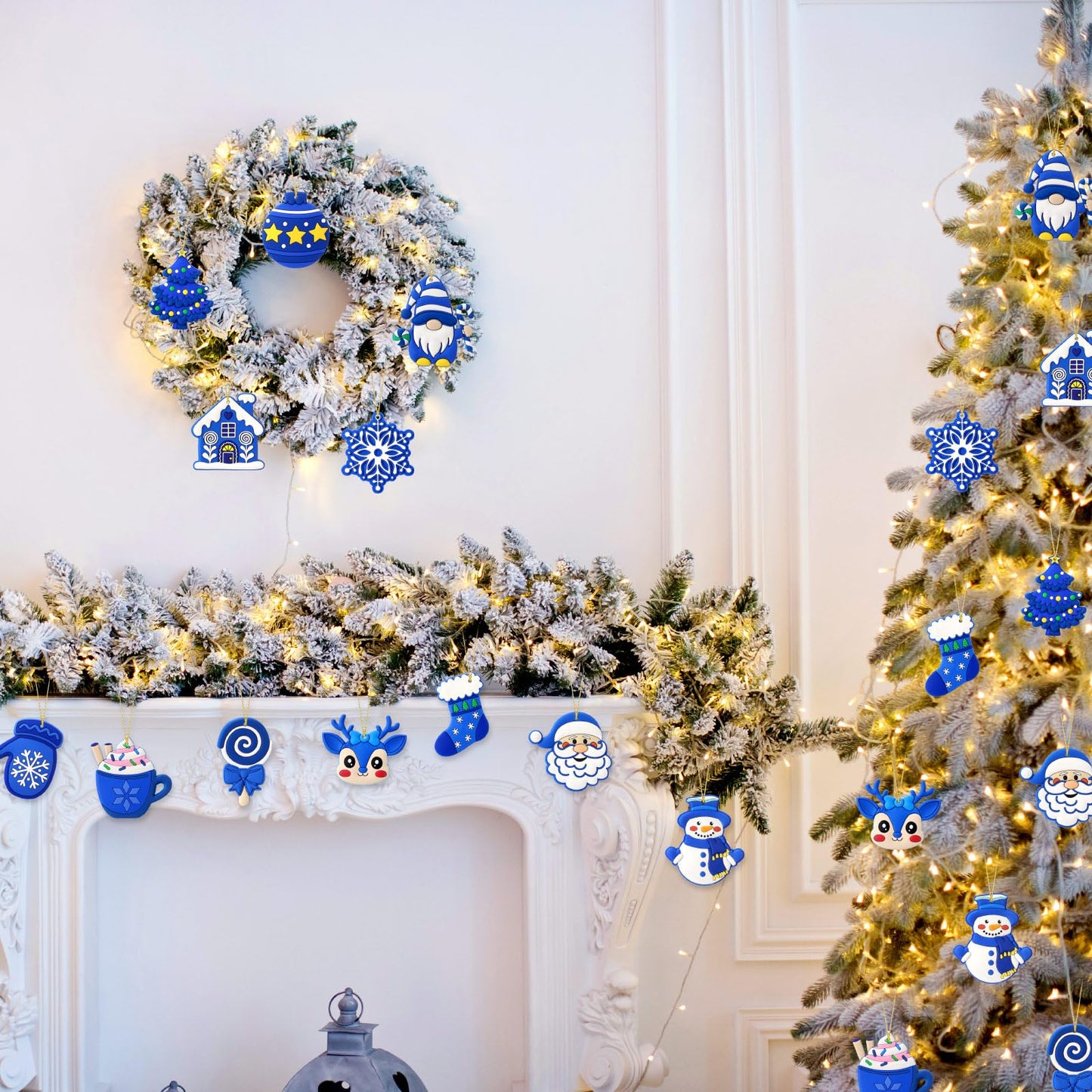 Lunmon 24 Pcs Blue Winter Ornaments PVC Snowman Tree Ornaments Gingerbread House Gnomes Ornament Blue Winter Decorations for Xmas Tree Party Holiday Decor