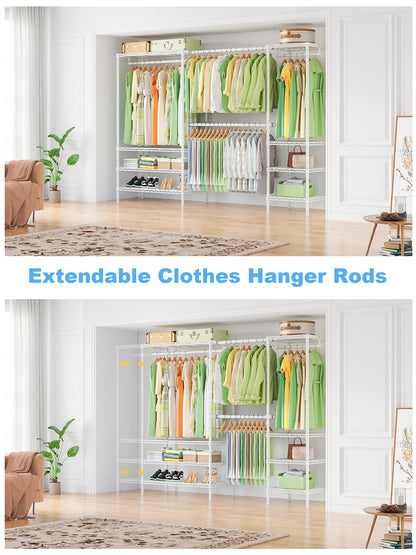 Ulif E11 Heavy-Duty Garment Rack, Metal Freestanding Clothes Rack and Closet Storage Organizer with 8 Shelves and 4 Hanger Rods, (73.2-97.6)" W x 14.5" D x 71.2" H, Load 1034 LBS, White