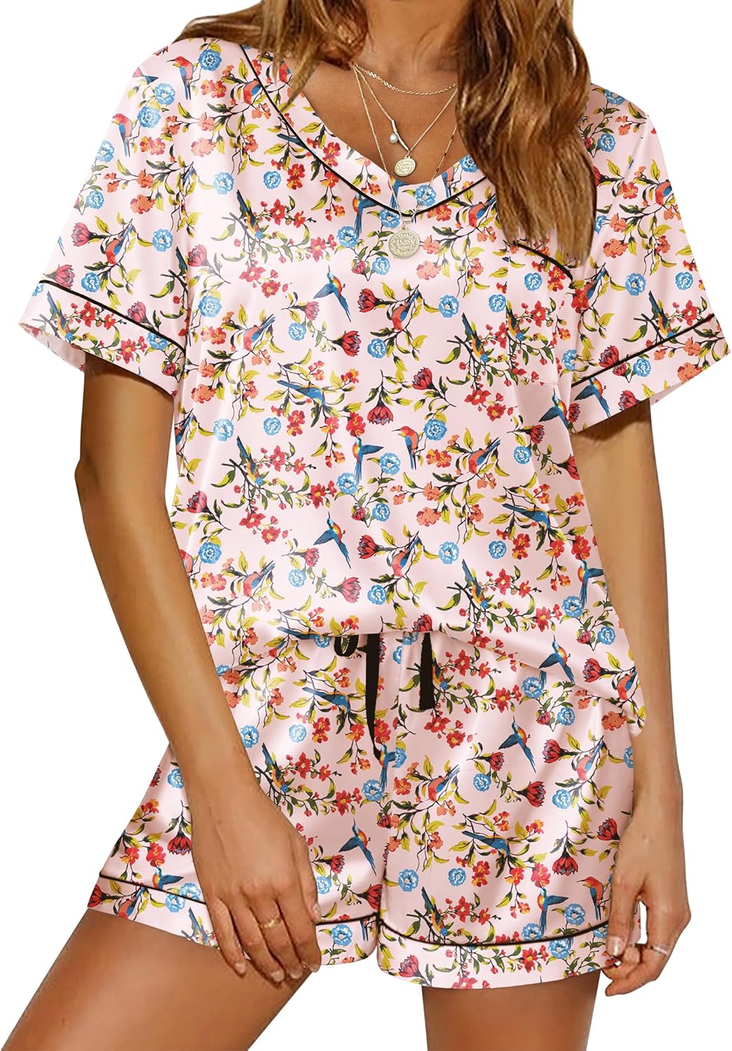 Ekouaer Silk Pajama for Women Short Sleeve Satin Pj Set Two Piece Soft Sleepwear Loungewear, S-XXL