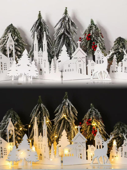 Colingmill 32 Inch Christmas Tabletop Decoration Wooden Christmas Themed White Church Xmas Tree and Elk Signs Farmhouse Centerpiece Decor for Home Kitchen Table Shelf Decor