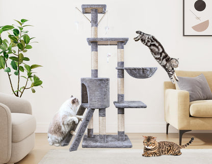 Cat Tree, 145cm Cat Scratching Post Multi-Level Stable Climbing Tower with Ladder, Indoor Pet Activity Furniture Play House for Kitty Kitten