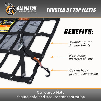 Gladiator Cargo Nets - Heavy Duty Truck Cargo Net-Trcuk Organizer-Truck Bed Cover- Large- Perfect for Trailer, Pickup, Boat, Jeep, SUV, Camping, Hunting-(WLL): 1,500 lbs (LGN-100) 8.75' x 10' ft.