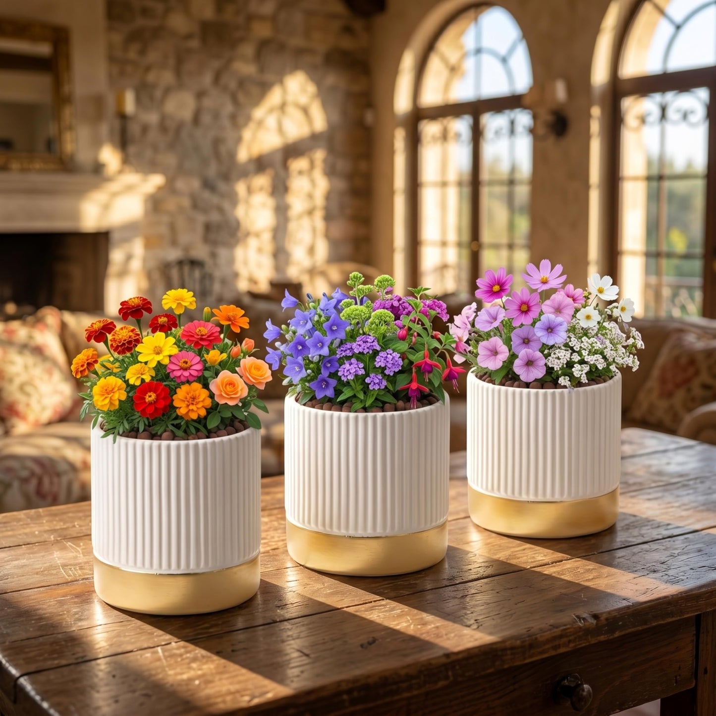 Ten-stone Set of 3 Cement Planter Pots with Drainage Hole,4 inch Plant Pots for Plants Indoor Houseplants,Succulent Pots Windowsil Planter (White&Gold)