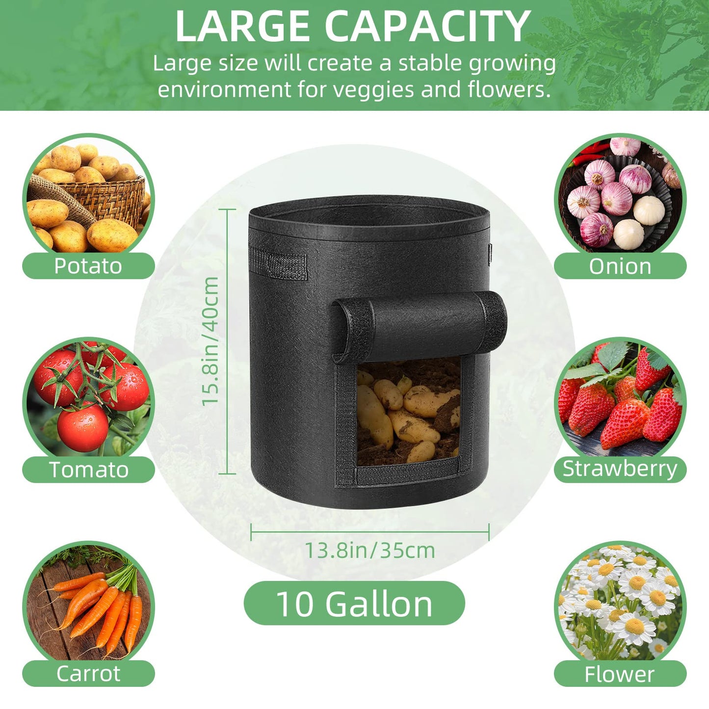 12 Pack 10 Gallon Potato Grow Bags, Heavy Duty Nonwoven Fabric Garden Planting Bag Plant Container with Flap and Handles, Aeration Fabric Pots for Growing Vegetable, Fruits and Flowers