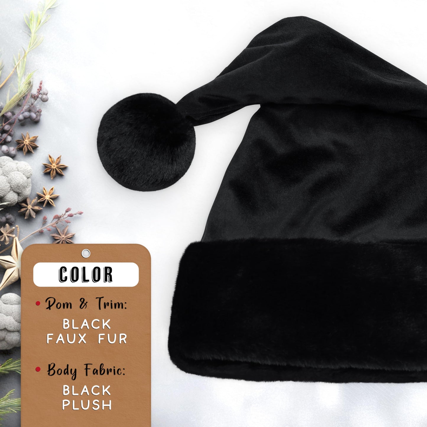 Hexonomy All Black Santa Hat - Black Furry Trim, Faux Fur - Gothic Xmas, Spooky Goth Decor, Delux Christmas Hat - Adult, 1 Size