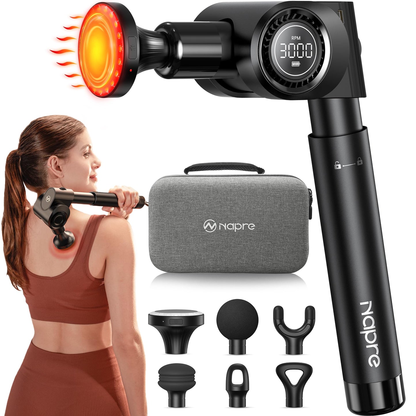 NAPRE Foldable Massage Gun Deep Tissue with 5 Adjustable Angles,Portable Handheld Percussion Back Massager for Muscle/Neck/Body Pain Relief with Long Extension Metal Handle,32-Speeds,with Carry Case