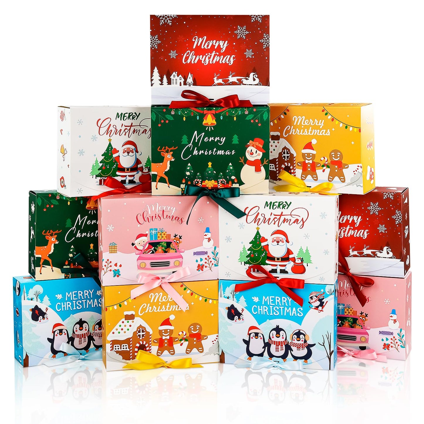 Ssyuysto 12PCS Christmas Gift Boxes with Lids and Ribbon Holiday Present Boxes for Gifts Wrapping Xmas Party Favor Boxes Reusable Decorative Xmas Packaging for Cookies Candy Gifts