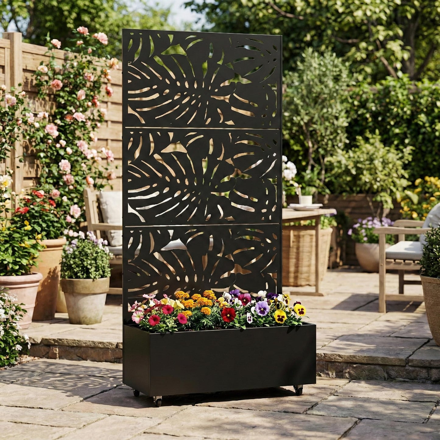 Qatiby Metal Raised Garden Bed with Trellis and Wheels, 71"x35"x16" Planter Box with Privacy Screen & Drainage Holes, Mobile Outdoor Garden Bed for Climbing Plants, Vegetables, Flowers (Black-Summer)