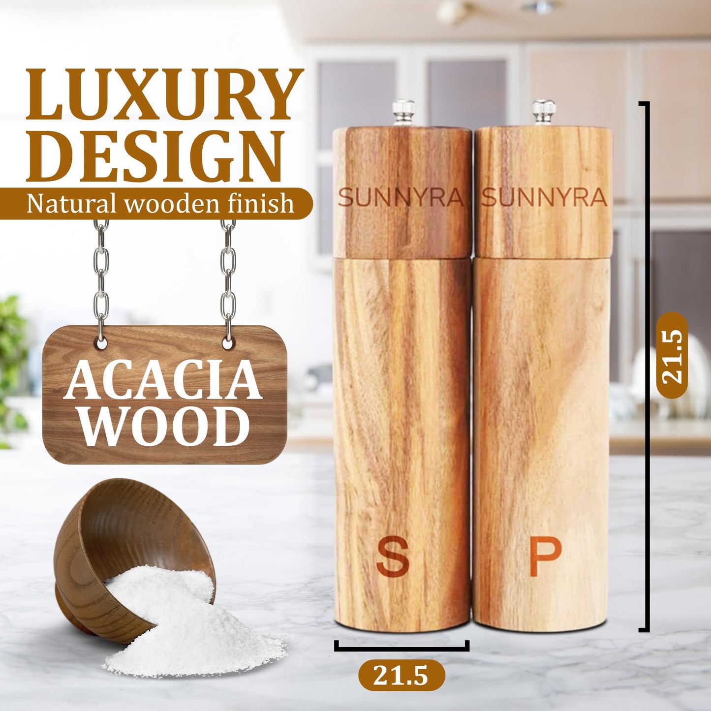 Sunnyra Wooden Salt and Pepper Grinder Mill Set – Manual Adjustable Wood Peppermill Shakers for Salt and Black Pepper, Premium Wooden Mills for Kitchen.