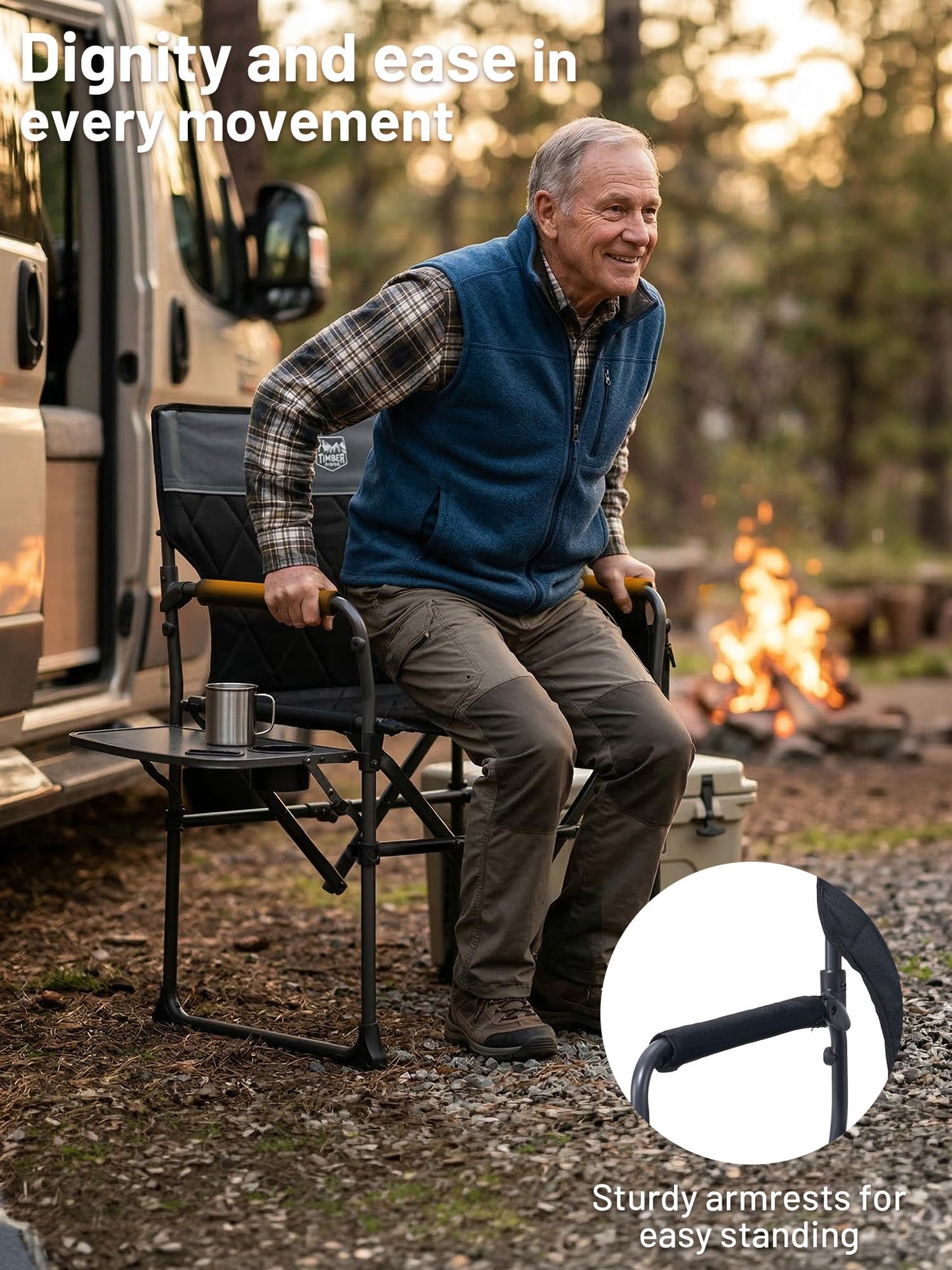 TIMBER RIDGE Heavy Duty Camping Chair with Compact Size, Portable Directors Chair with Side Table and Pocket for Camping, Lawn, Sports and Fishing, Supports Up to 400lbs, Black 2 Pack