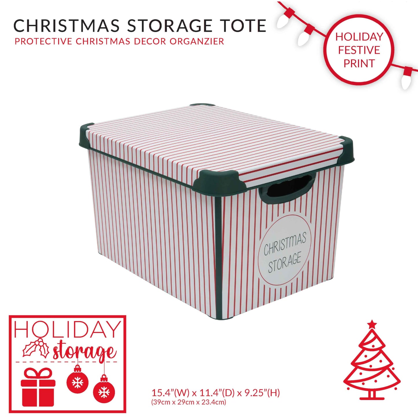 Simplify Christmas Stripe Design Holiday Tote Bin Ornament Storage | Holds 60 Ornaments | Removeable Lid | Easy Carry Handles | Christmas Storage | Green