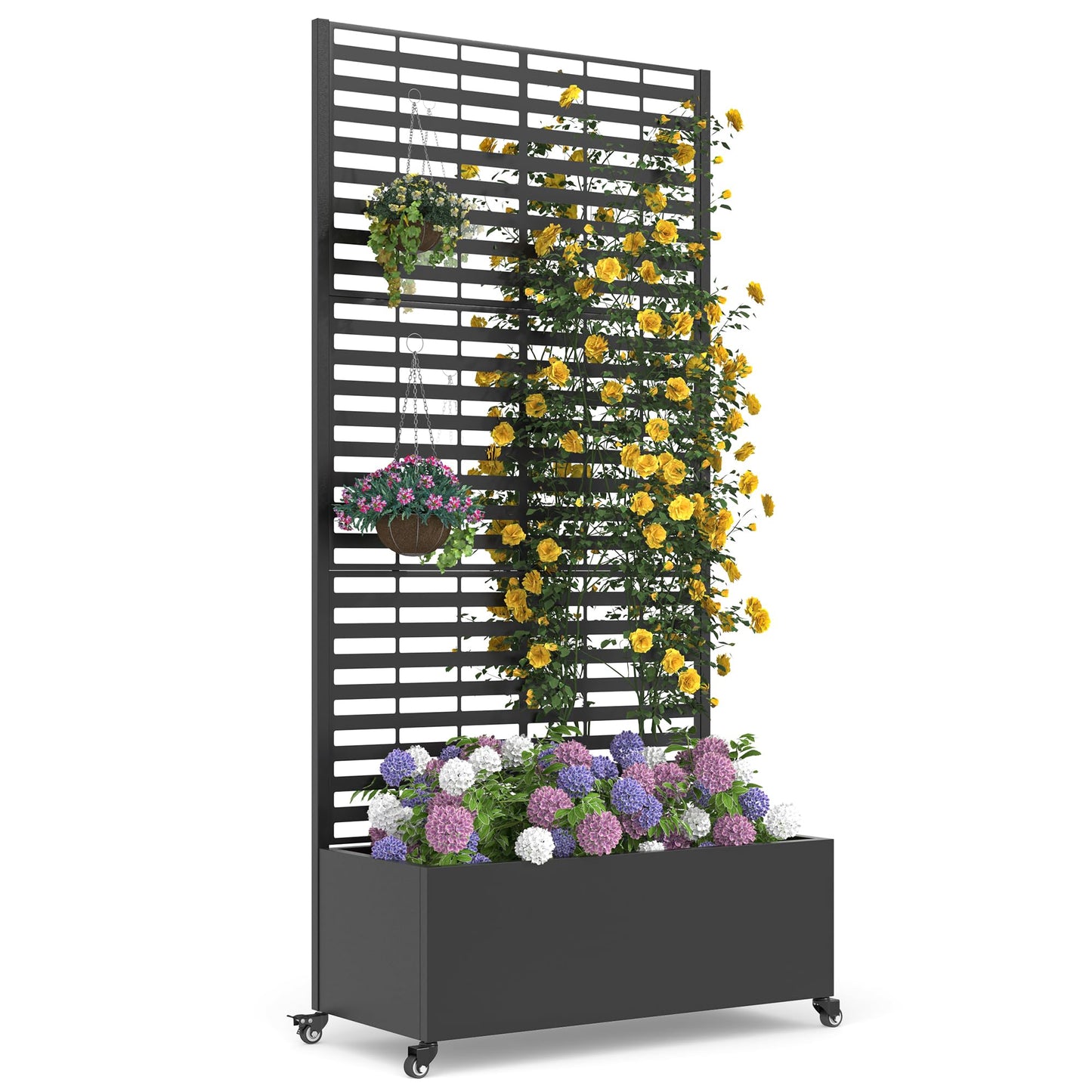 UPHYB Metal Planter Box with Trellis, 73"x 35"x 16" Raised Garden Bed with Wheels and Drainage Holes, Planter with Trellis for Garden, Balcony and Patio, Black Louvered