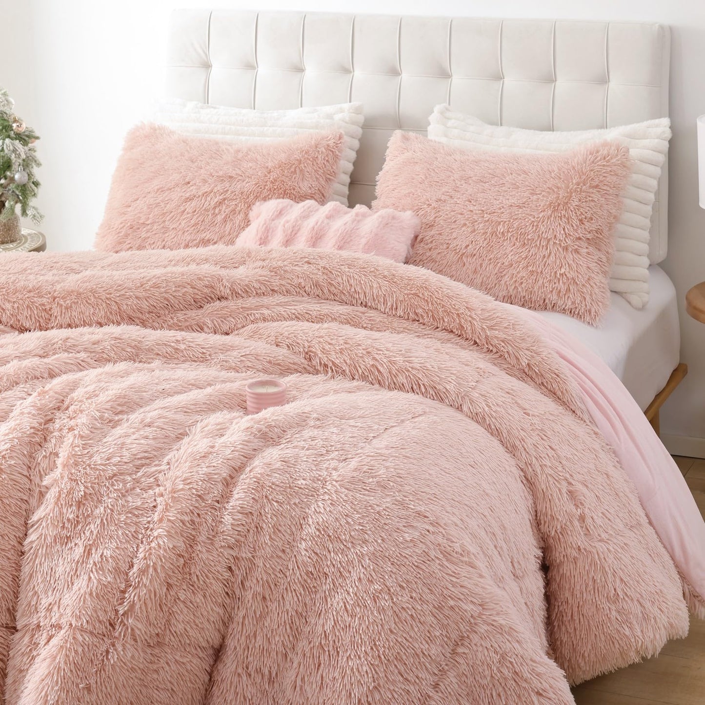 Smoofy Fluffy Full Size Comforter Set, Faux Fur Pink Comforter Set, Luxury Fuzzy Bedding Set, Soft Shaggy Full Bed Set for All Season, 3 Pieces - 1 Comforter & 2 Pillowcases, Blush