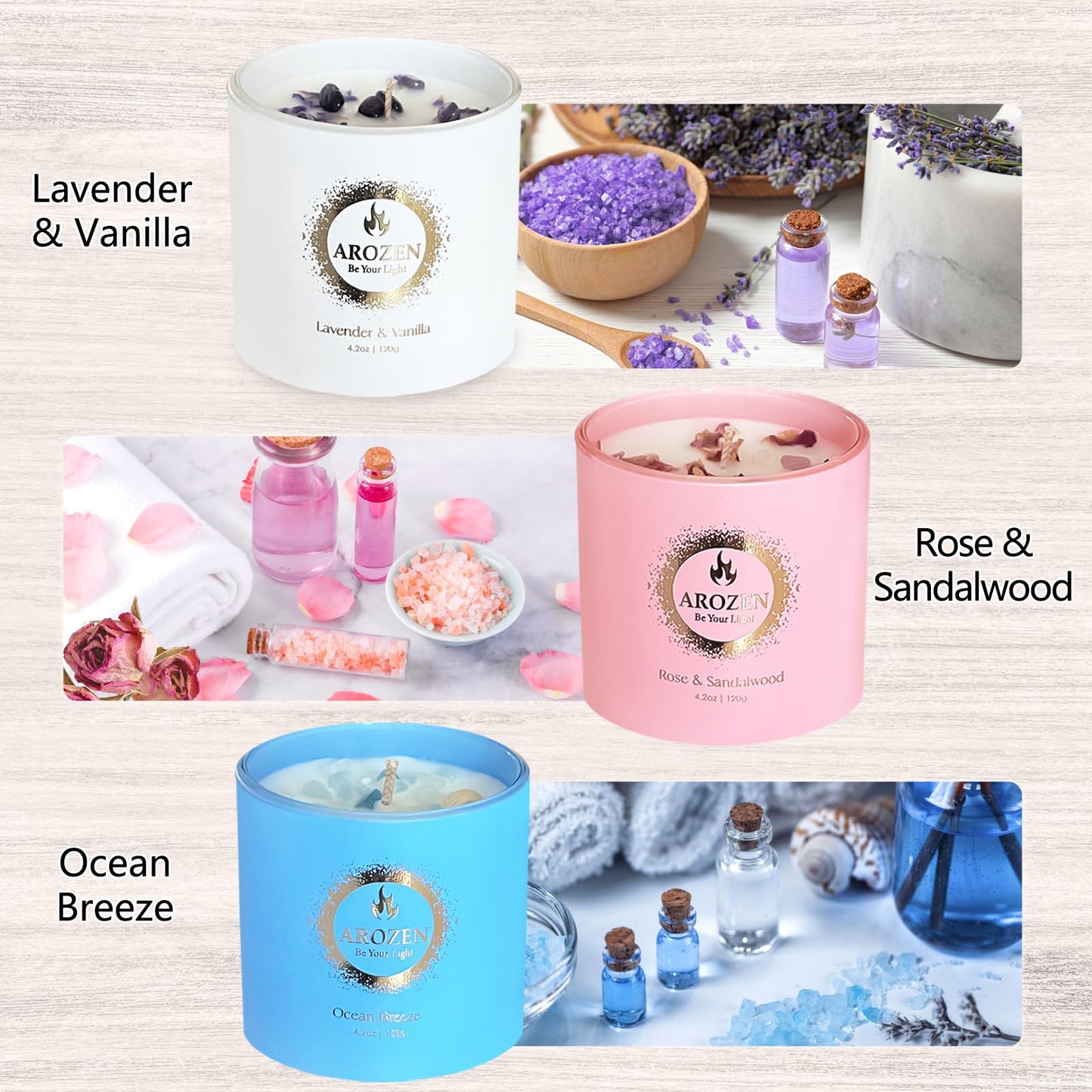 AROZEN 3 Pack Scented Candles Gift Set for Women – Lavender, Ocean, Rose Soy Candles with Crystals & Seashells, 70-Hour Total Burn Time, Aromatherapy Candle Set for Home Decor, Mother’s Day Birthday