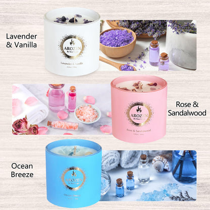 AROZEN 3 Pack Scented Candles Gift Set for Women – Lavender, Ocean, Rose Soy Candles with Crystals & Seashells, 70-Hour Total Burn Time, Aromatherapy Candle Set for Home Decor, Mother’s Day Birthday