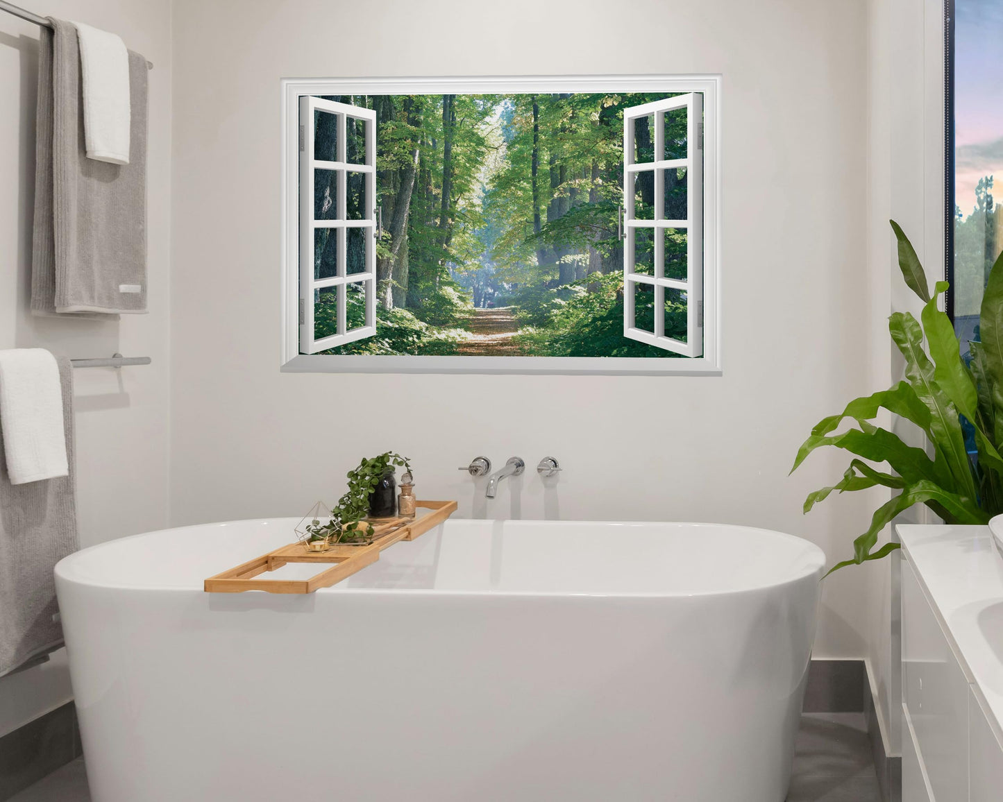 FLFK Fake Window Wall Mural - Road in The Forest Faux Window Wall Sticker for Wall Decor, Peel and Stick Wall Decals,48"x32",Set of 2 Sheets