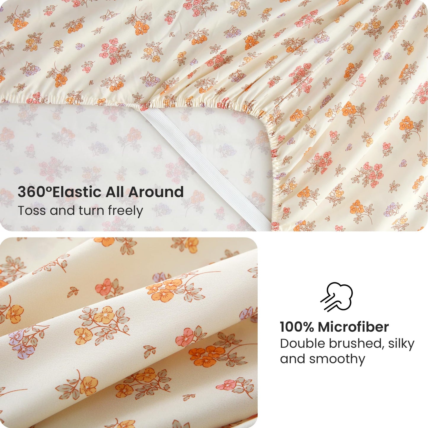 Viviland Floral Queen Sheet Set - 4 Piece Vintage Lavender Flower and Leaves Patterned Bed Sheets - Soft, Breathable Microfiber Sheets with Deep Pocket, Non-Slip Fitted Sheets & Pillowcases