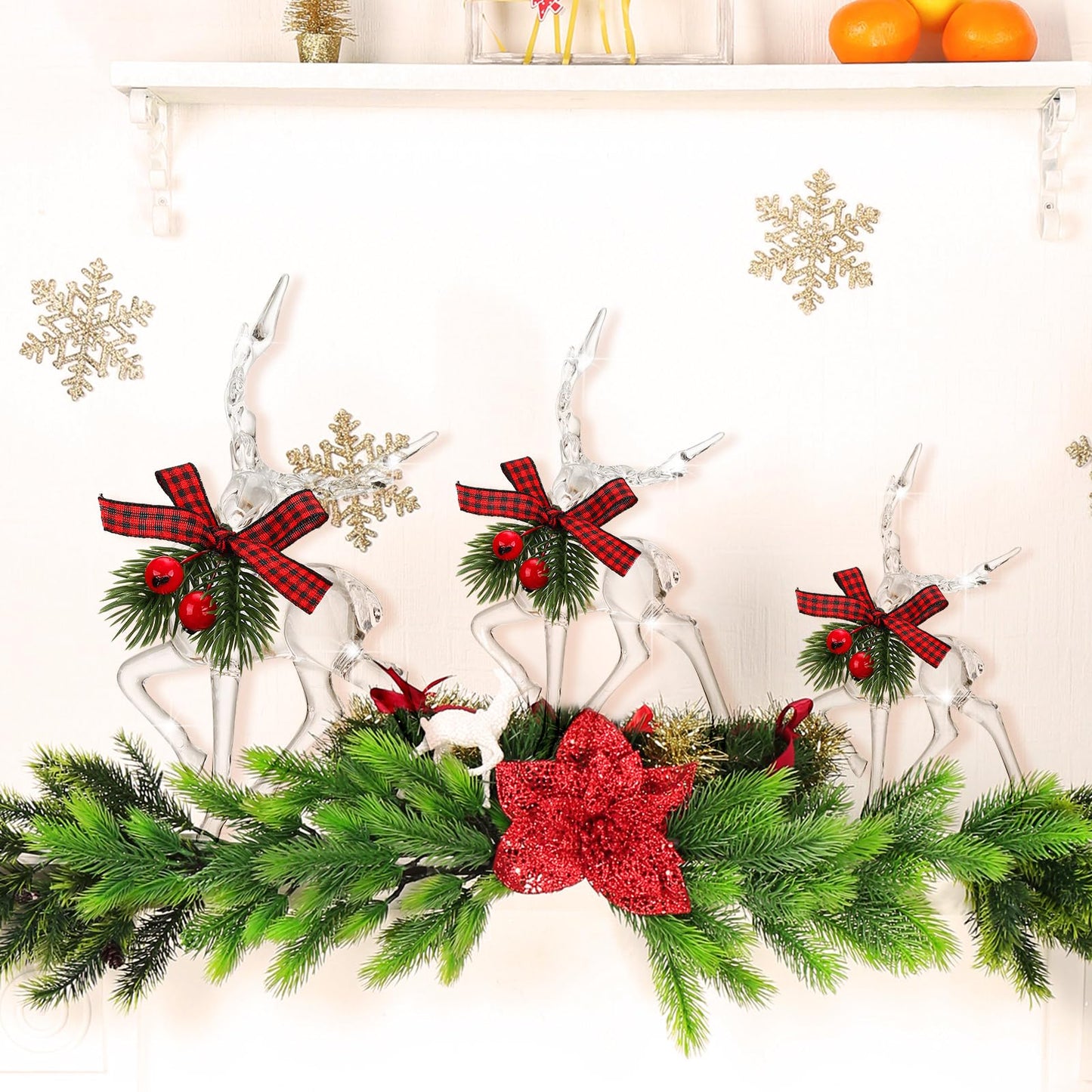 Jenaai 3 Pcs Christmas Reindeer Figurine Acrylic Reindeer Desk Decorations Deer Figurine Christmas Centerpieces for Tables with Green Pine Needle and Red Berries for Party Supplies
