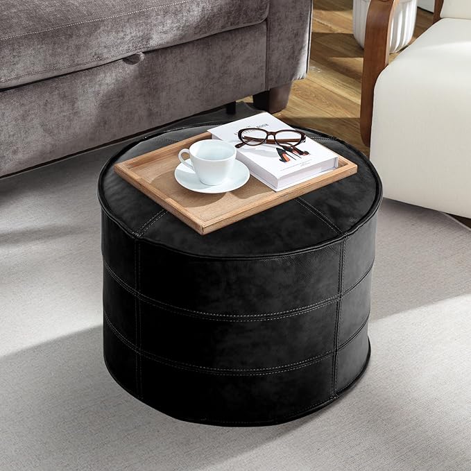 Leather Ottoman, Handmade Stuffed Square Ottoman, Genuine Leather Pouf