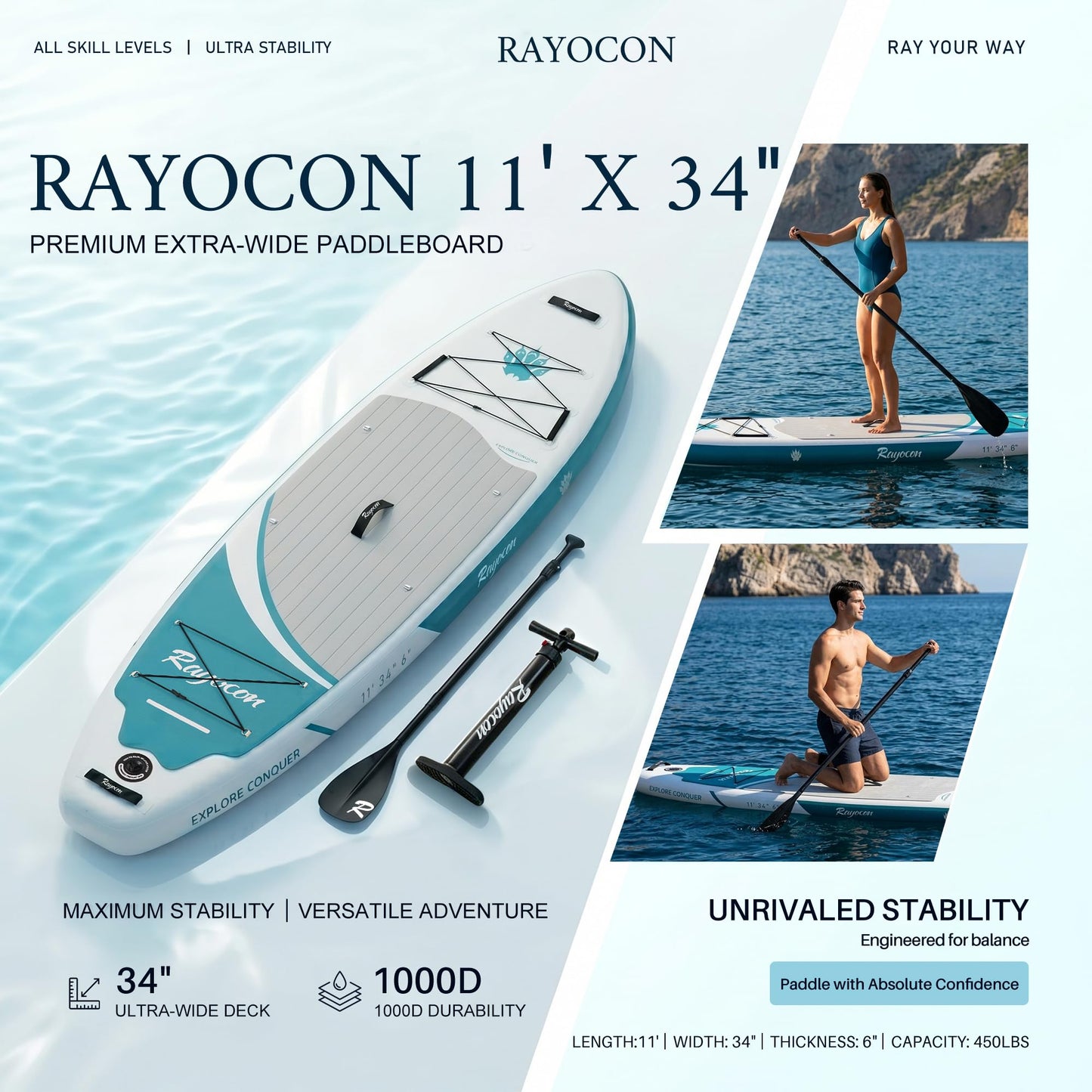 Inflatable Stand Up Paddle Board 11'×34" Extra Wide SUP, Ultra-Stable for Adults & Dog, 450lbs, Dual Chamber Pump, Fiberglass Paddle, Military Grade Dual Layer, Wild Bear Claw Polar Design Green