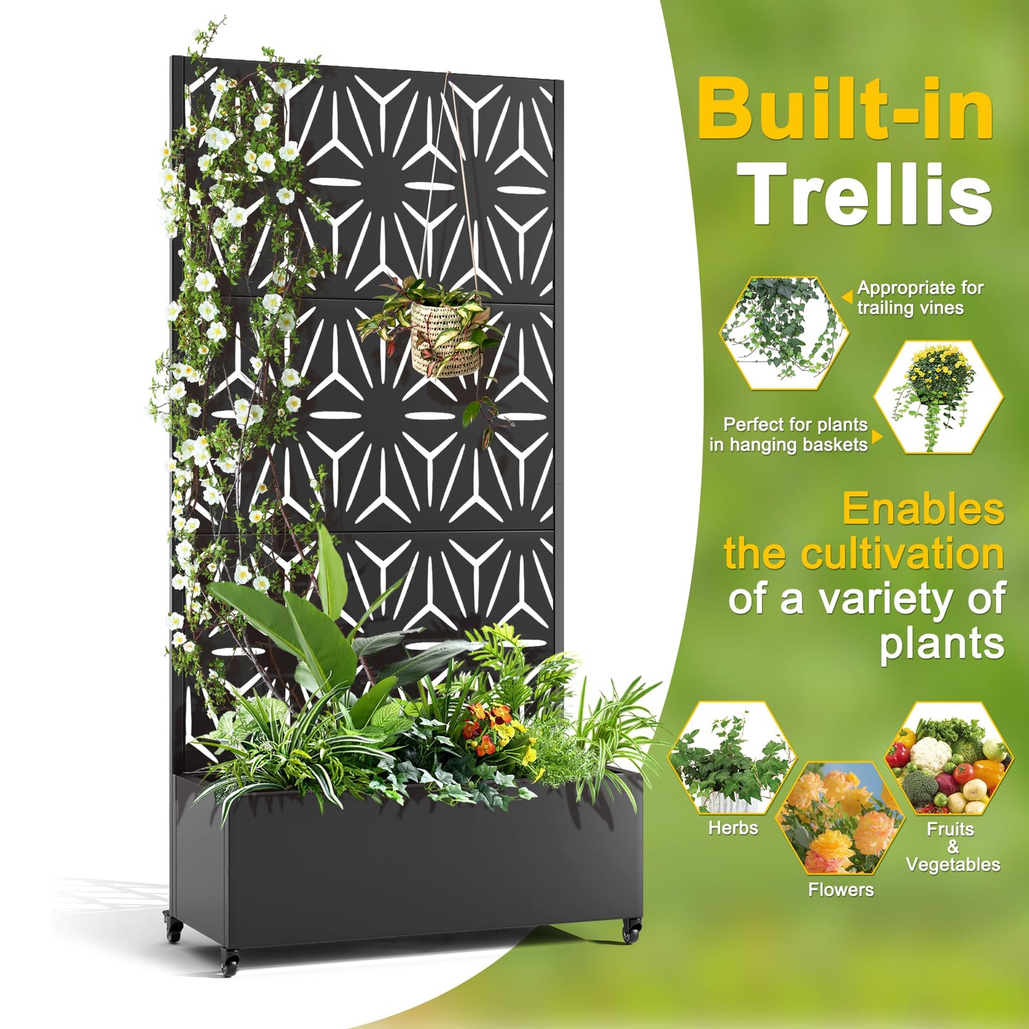 FENCY Metal Raised Garden Bed with Wheels and Trellis,73"x35"x16" Planter Box for Climbing Plants, Vegetables & Vines, Features Privacy Screen and Drainage Holes (Black-Star)