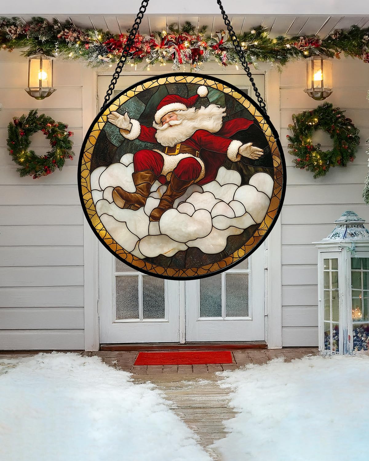 Stained Glass Window Hanging - Red White Santa Claus Clouds Suncatcher for Doors Home Christmas Decoration Sun Catcher Thanksgiving New Year Birthday Gifts for Friend Women Men Mom Nana 6.3 in