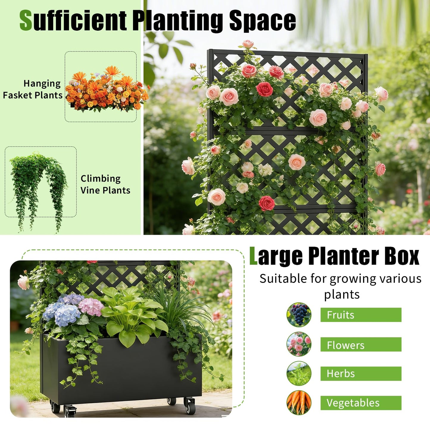 Riflevault 72" Planter Box with Trellis & Wheels, Planter Boxes Outdoor with Drainage Hole for Climbing Plants, Raised Planter with Privacy Screen, Black