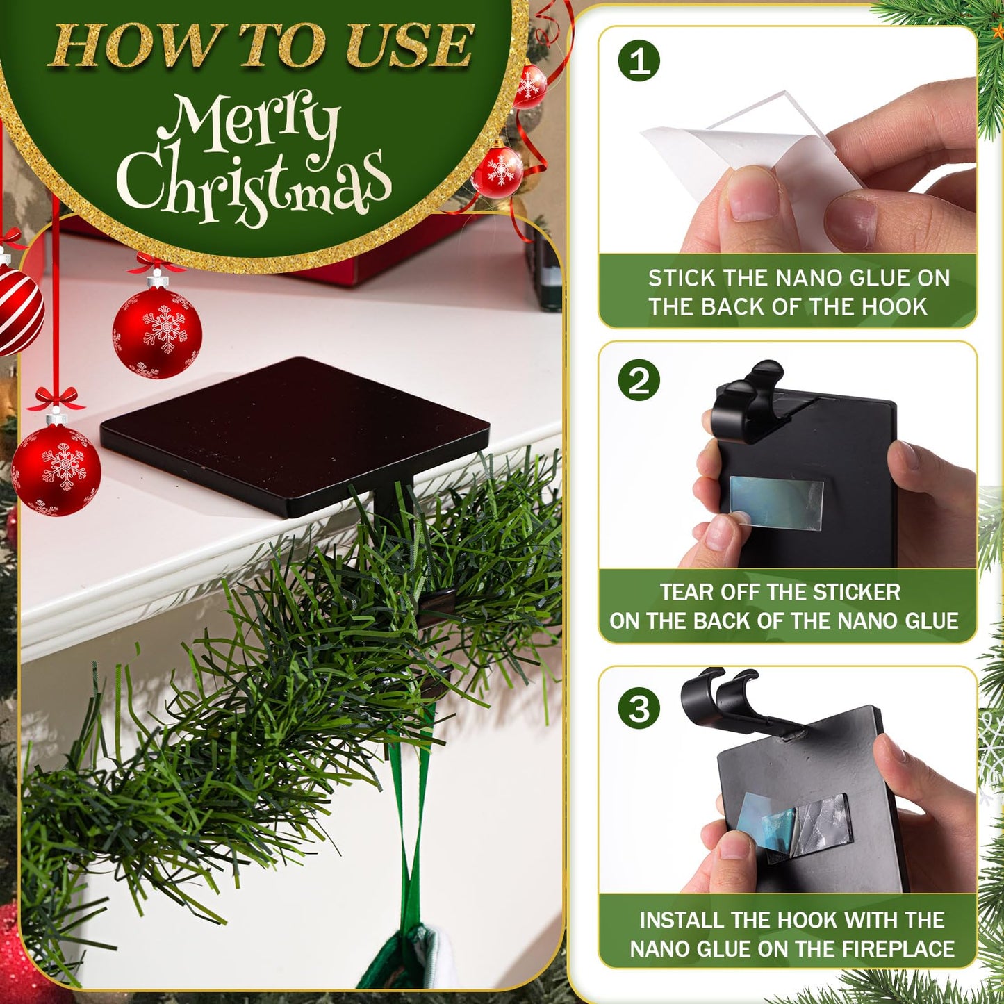 Zhengmy 2 Pcs 2 in 1 Fireplace Stocking and Garland Hangers Heavy Duty Metal Christmas Stocking Holder for Mantle, Two Hooks Hangers for Garland Balls Fireplace Xmas Holiday Party Decoration (Black)