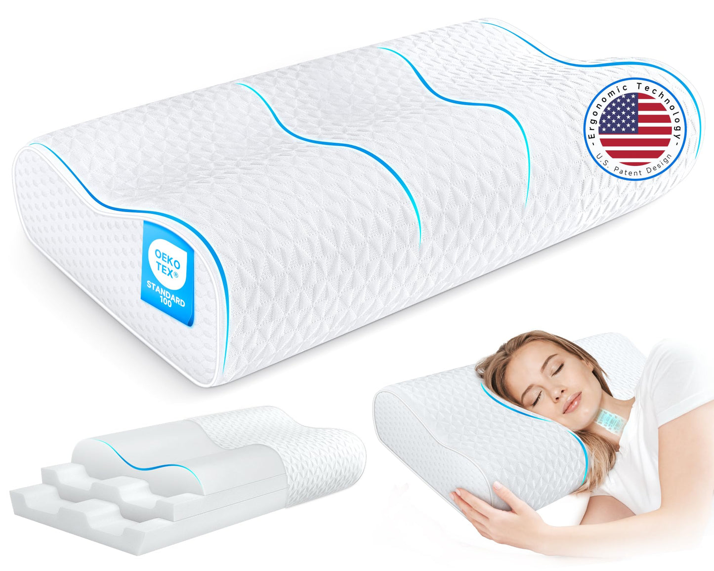 Cervical Neck Pillow for Pain Relief- Queen Size Cooling Pillow for Sleeping, Memory Foam Pillows for Neck Shoulder, Ergonomic Adjustable Contour Bed Pillow for Side, Stomach & Back Sleepers