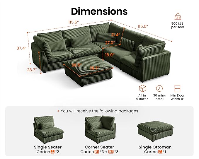 115" Oversized Corduroy Couch Modular Sectional Sofa, Washable Cloud Couch