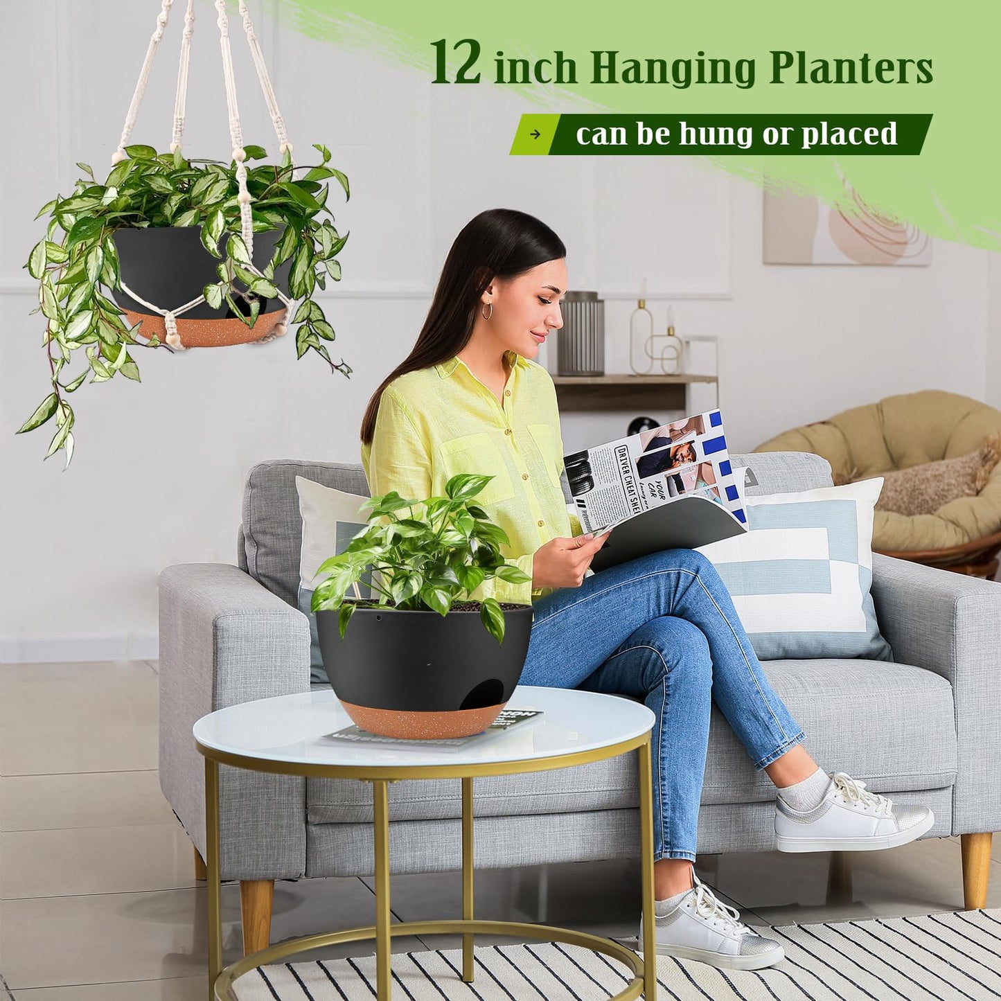 Lucieblessdesign Hanging Planters for Outdoor Indoor Plants, 2 Pack 12 Inch Hanging Basket Plants Outdoor, Self Watering Hanging Planter with Plant Hanger for Garden Home Decoration (Black)