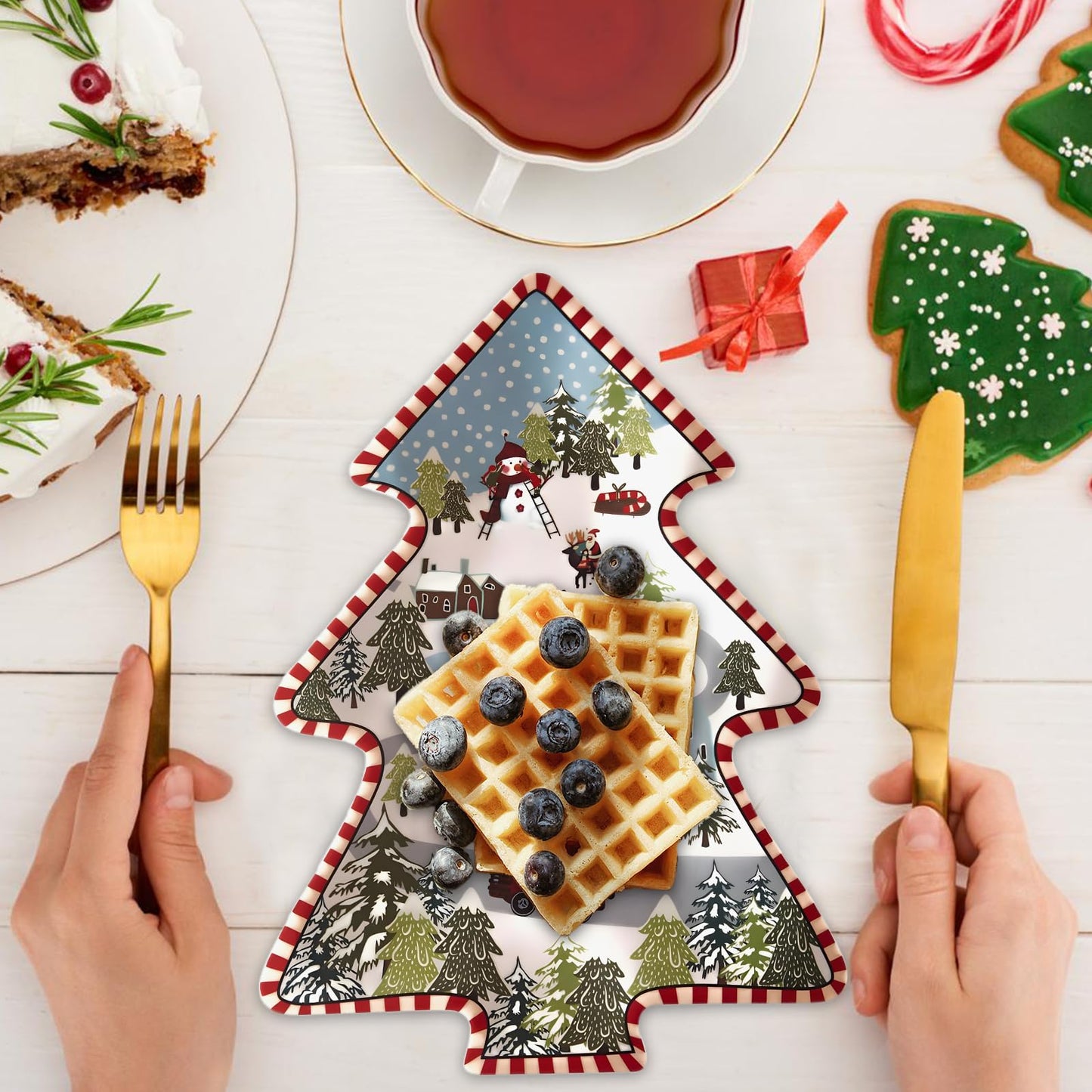 Viynran Christmas Tree Melamine Tray - Santa & Snowman Pattern | Ideal for Holiday Treats, Candy, and Feasts | Festive Tableware for Christmas Parties (2 Pcs), 31009CTPO02