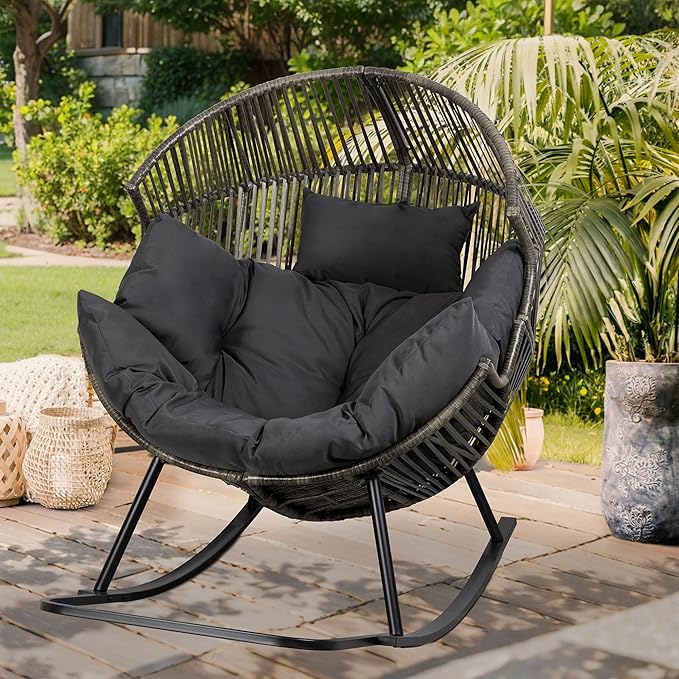 Vongrasig Wicker Rocking Egg Chair PE Rattan with Cushion, Oversized Patio Lounge Rocker Chair for Outdoor, Indoor, Balcony, Backyard, Garden, Black/Rattan